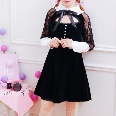 Japanese Sweet Black Lace Sleeve Ribbon Dress SD01247