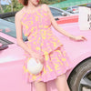 Korean Summer Pink Yellow Printed Chiffon Lotus Leaf Dress SD01624