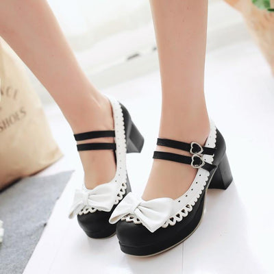 Harajuku Japanese Bow Lace Heart Strap Short Heels Shoes SD01997