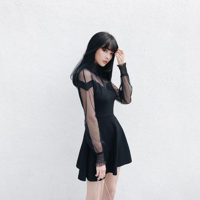 Japanese Black Sleeve Shoulder Mesh Sheer Summer Dress SD01210