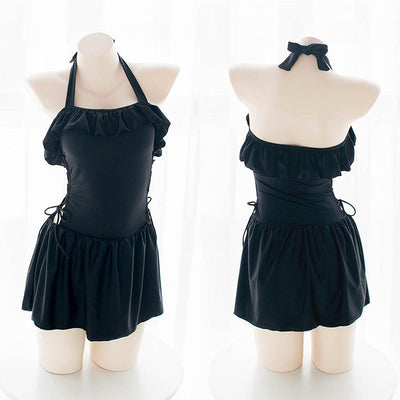 Japanese Summer Black Ruffle Cross Strings One Piece Swimsuit Swim Suit SD01993