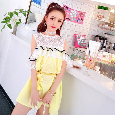 Korean cute yellow lace summer dress SD00938