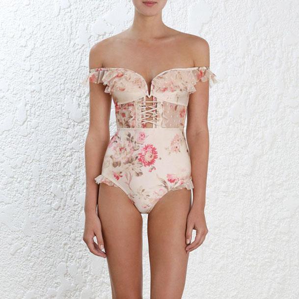 Vintage Floral Ruffle Strap Strings Bustier Swimsuit SD00542