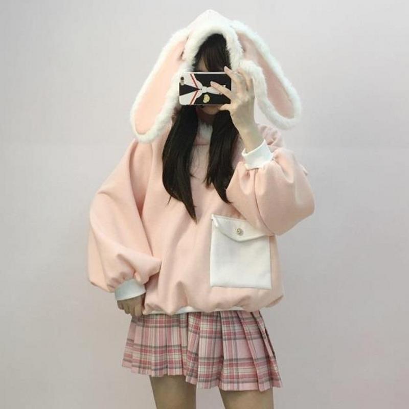 Pink Fluffy Bunny Ears Hoodie Sweater SD00235