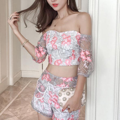 Embroidered Flower Shorts Top 2 Piece Set SD00158