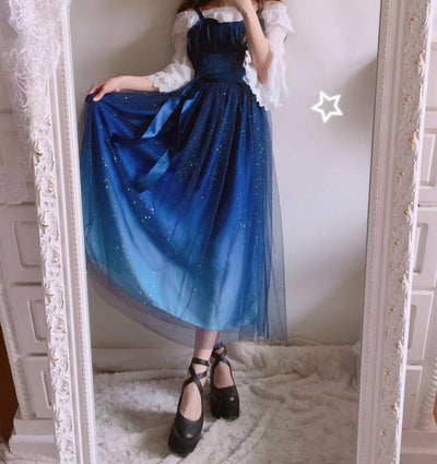 Japanese harajuku galaxy stars gradient blue long dress SD02468