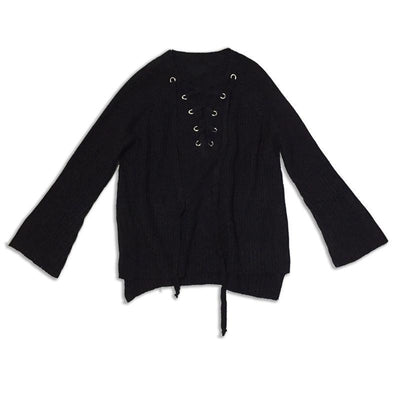 Black Woolen Loose Ribbon Tight V-neck Long-sleeved Sweater SD02075