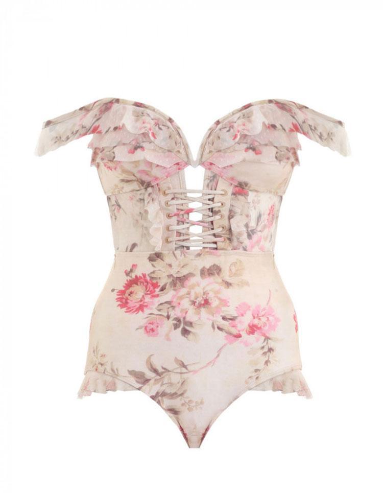 Vintage Floral Ruffle Strap Strings Bustier Swimsuit SD00542