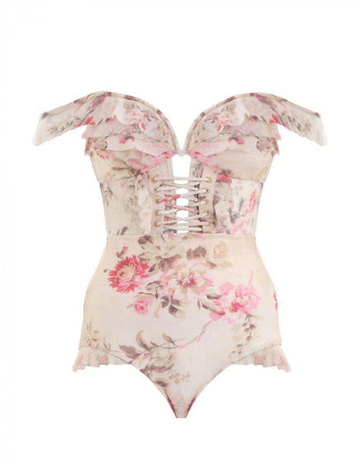 Vintage Floral Ruffle Strap Strings Bustier Swimsuit SD00542