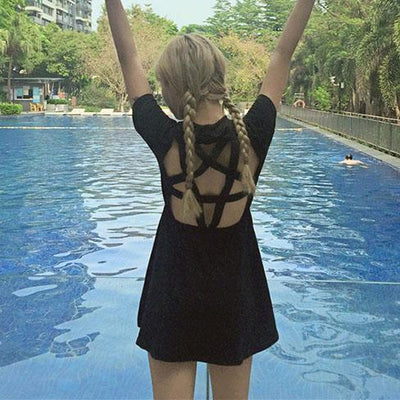 Black Back Side Pentagram Cut Out Dress SD00050