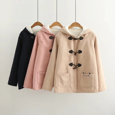 Warm Kawaii Pink/Black/Navy Embroidered Cat Hooded Ear Jacket SD01653