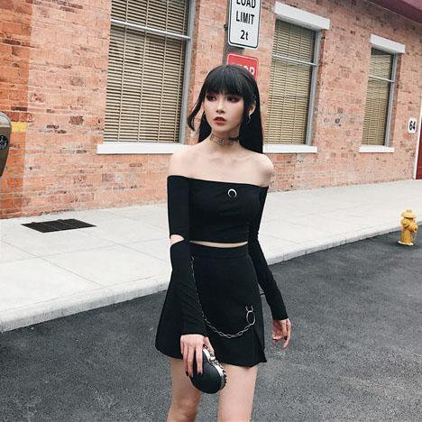 Pleated Black Chain High Waist Skirt SD01165
