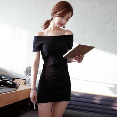 Korean summer casual black shoulder-less dress SD00948