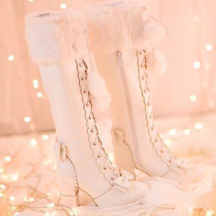 Sweet Pink/White Bow Tie Rabbit Fur High Heeled Boots Shoes SD01548
