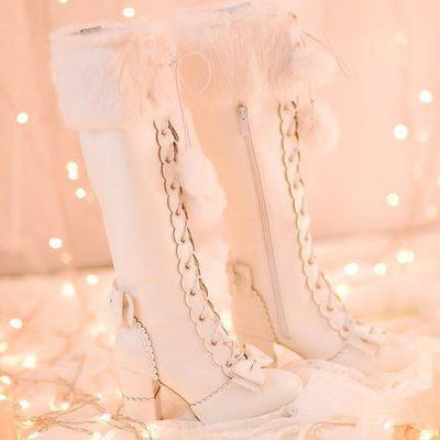 Sweet Pink/White Bow Tie Rabbit Fur High Heeled Boots Shoes SD01548