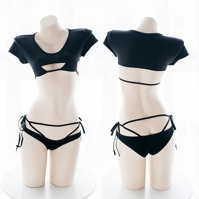 Sexy Black Strings Strappy Crop Top Micro Bikini 2 Piece Swimsuit Swim Suit Lingerie SD00832