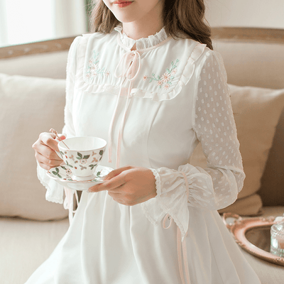 Japanese Autumn Slim embroidered chiffon long sleeves dress SD00664