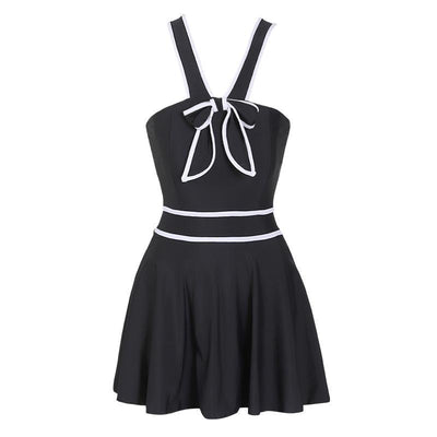 Black Striped Bow Slim 1 Piece Swimsuit SD02341