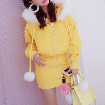 Fur Hoodie Zipper Sweater Dress SD00264