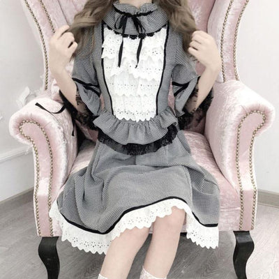 Elegant Lace White Black Plaid Dress SD01350