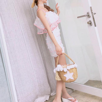 Korean Summer White Thin Chiffon Strap Shoulder-less Dress SD01626