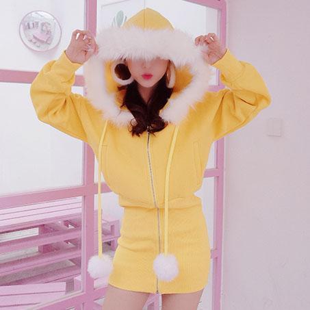 Fur Hoodie Zipper Sweater Dress SD00264