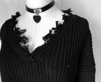 Japanese harajuku black ripped tassel knit sweater SD01062