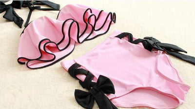 Pink High Waist Bow Ruffle Bikini Swimsuit SD00555