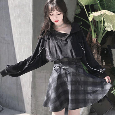 Velvet Witch Face Sweater Plaid Grey Skirt Set SD00341