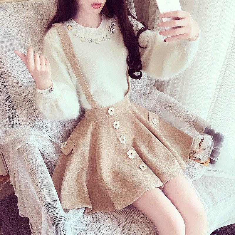 Japanese Corduroy Flower Suspender Skirt SD01650
