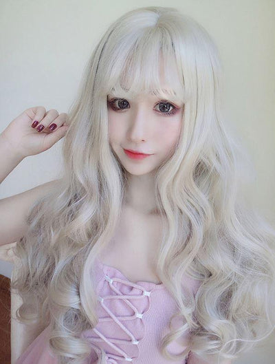 Harajuku White Blond curly Wave Long Wig SD00708